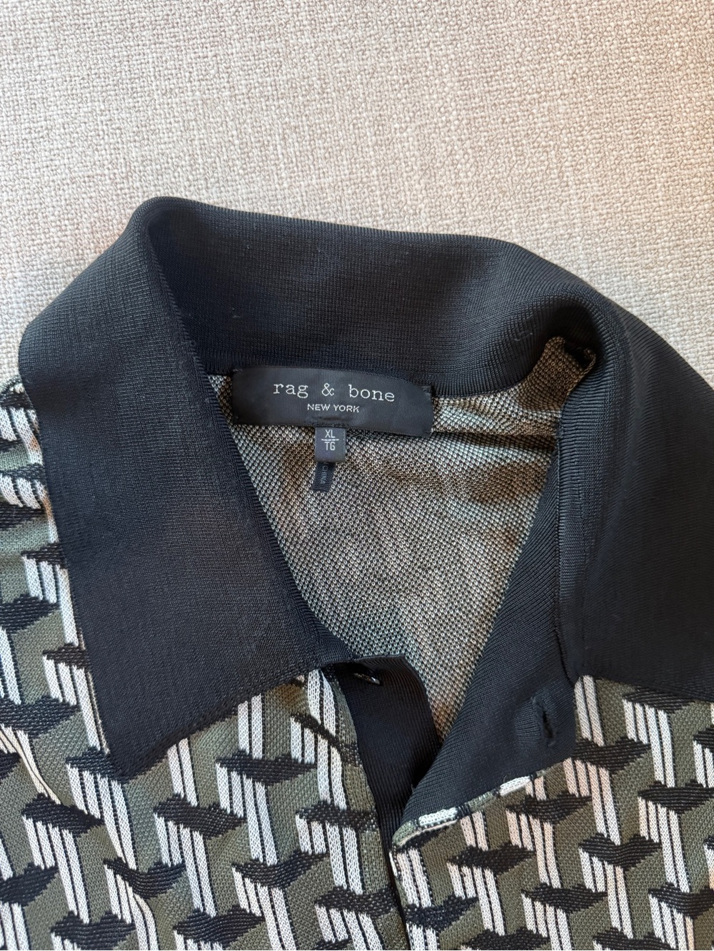 rag & bone Black and Olive Geometric Knit Polo